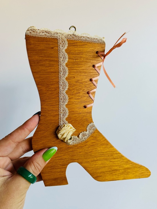 Vintage Other - Vintage Wooden Victorian Boot Wall Decor Lace Ribbon Coquette Shabby Chic 8.5"